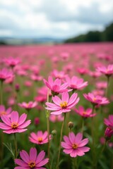 Obraz premium A field of pink Manuka flowers swaying in the wind, Pink Manuka flower blossom with copy space left, field