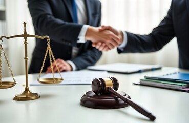 Two lawyers shaking hands in office setting. Legal documents, gavel on table. Image evokes justice, legal concepts as contract law, legal advice, transaction. Workplace environment suggests