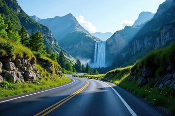 Fototapeta premium Winding asphalt road through mountains with dense foliage and a sparkling waterfall in the distance under a clear blue sky, waterfalls, winding road