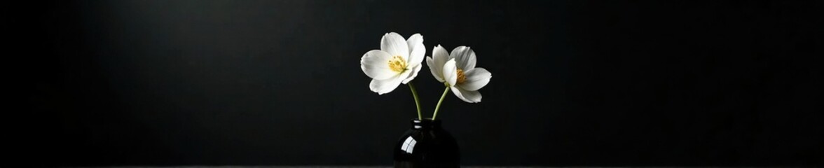 White eustoma flowers in a black vase on a dark background, decor, white, black