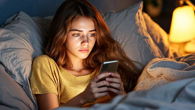 A young woman lies in bed, staring blankly at her smartphone screen, her eyes glazed over with apathy