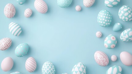 playful Easter frame, pastel eggs with unique patterns on soft blue backdrop, cheerful digital style, isolated on white background