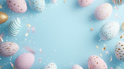 playful Easter frame, pastel eggs with unique patterns on soft blue backdrop, cheerful digital style, isolated on white background
