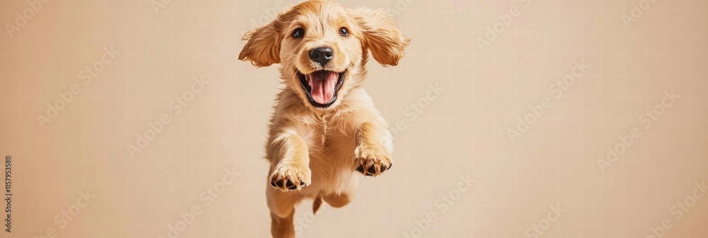 Poster joyful puppy leaps in mid air, showcasing playful energy against a neutral backdrop with room for te