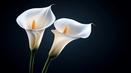 pair of white calla lilies, dark background, serene and respectful mood, death flower symbolism, digital illustration