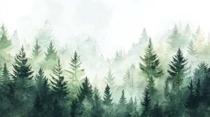 Watercolor Painting of a Foggy Evergreen Forest