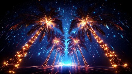 Palm trees glowing with festive LED lights and garlands, coconuts illuminated, blue night sky, and tropical Christmas cheer in digital art style