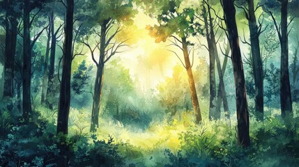 Fototapeta premium A Watercolor Painting of a Sunlit Forest Clearing