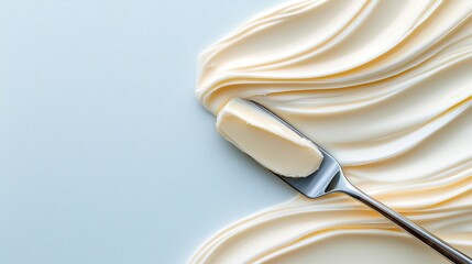 Utensil close-up, stainless steel knife spreading butter, rich creamy finish
