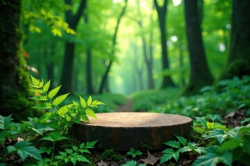 Empty podium with ferns and ivy wrapped around it, vines, forest, leafy