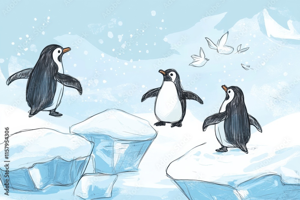 Leinwandbilder playful penguins on floating icebergs enjoying a winter day in a snowy landscape with plenty of spac