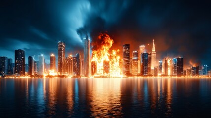 Obraz premium Wildfire approaching city edge, intense flames near urban area, dense smoke clouds