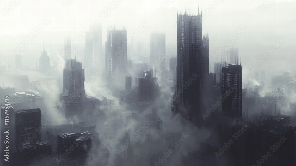 Poster dense smog covers the skyline of the city, creating an eerie atmosphere during the early hours of th