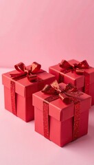 Three red gift boxes with sequins on a pastel pink surface, holiday, birthday
