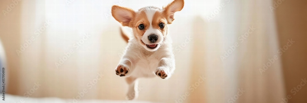 Aufkleber joyful puppy leaps in mid air, capturing a perfect moment of playfulness and energy with plenty of c