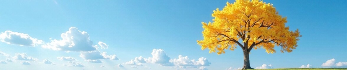 Fototapeta premium Solo ginkgo tree against a backdrop of blue clear sky and clouds, autumn foliage, yellow