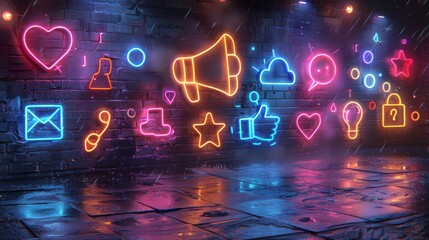 Curate a neon series of marketing symbols, including shimmering megaphones