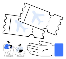 Airline tickets with airplane symbols, customer service interaction, hand support symbol. Ideal for travel agencies, customer support, online booking, air travel, ticketing services, customer