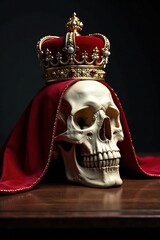 Fototapeta premium Skull with velvet crown on top of a cloth, placed on a dark wooden table, regalia, royal