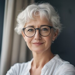 Fototapeta premium A confident senior woman smiles warmly, embodying wisdom and grace with modern elegance in her attire.