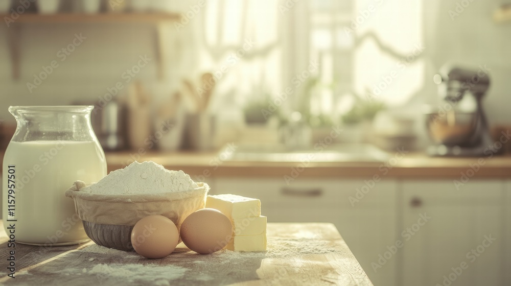 Poster ingredients for baking ready on a rustic kitchen counter with ample space for creativity and text. g