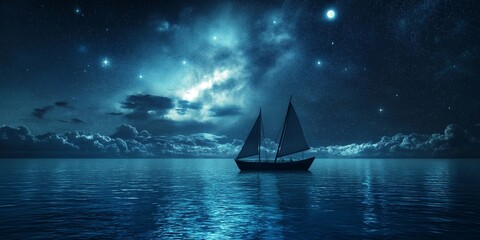 A lone sailboat drifts on calm waters, surrounded by a breathtaking starry night sky.