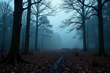 Fototapeta premium Dark forest floor with bare branches and misty fog rolling down in the distance, atmospheric landscape, distant landscape