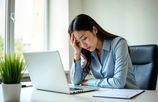 Stressed young Asian businesswoman sits at office desk in front of laptop. Looks concerned, tired working. Office environment with natural light. Businesswoman tense expression, appears to