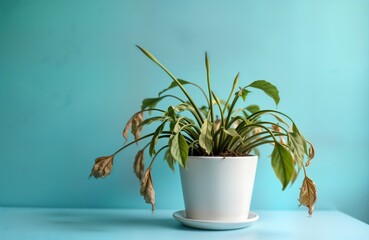Neglected houseplant withering in white pot against blue background. Dry leaves droop from plant. Care-deficient indoor plant highlights cycle of life, death. Plant in state of decline, loss of