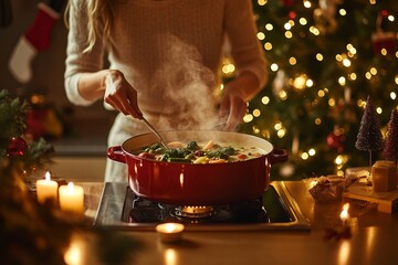 A woman prepares a festive meal in a snug Italian kitchen on Christmas Eve, surrounded by holiday decorations and warm lighting.