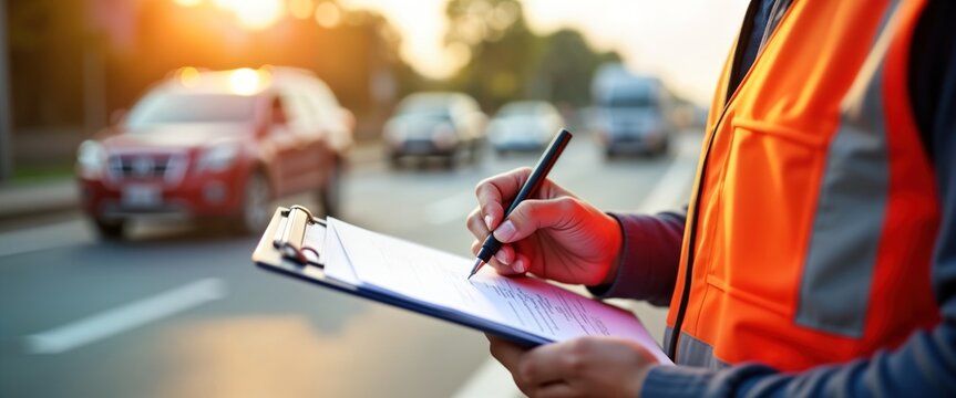 Traffic safety inspector records incident details on clipboard. Person in safety vest documents accident on busy road. Daylight, urban setting. Pro conduct ensures adherence to road safety