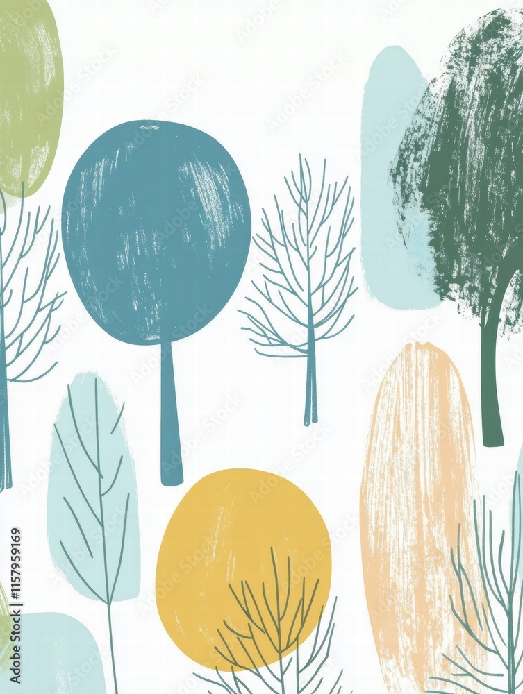 Aufkleber colorful naive art style background featuring whimsical trees and shapes for creative design project