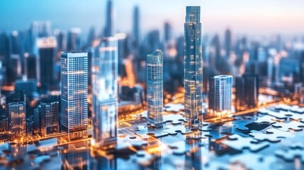Naklejka premium Cityscape Puzzle: A Modern Metropolis Built on Interconnection