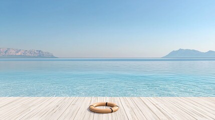 Obraz premium Life preserver on wooden dock overlooking calm sea and mountains.