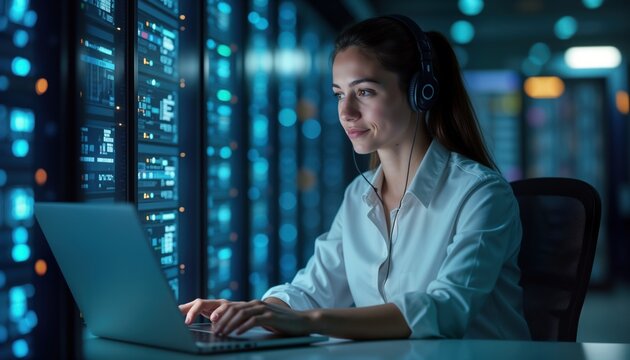 Attentive female tech support worker in data center. Focused on laptop. Working on network maintenance. Modern tech environment. Data protection, processing. Effective tech strategies. Pro,