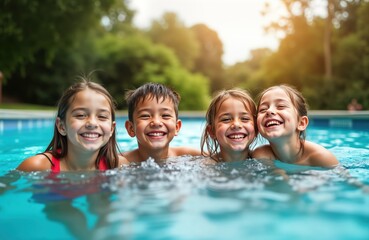 Four kids enjoy sunny summer day in swimming pool. Laugh, smile happily. Children wearing swimsuits, look happy, relaxed. Enjoying summer vacation. Family activity, wonderful day.
