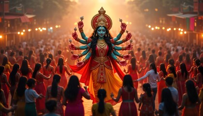 Large crowd joyfully dancing around Durga statue during Navratri festival. People wear traditional Indian clothes mostly red. Festive atmosphere in India. Religious celebration in progress. Many
