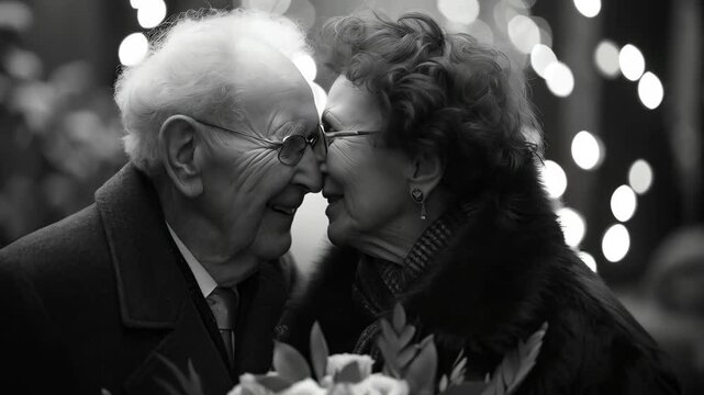 Elderly couple celebrating wedding anniversary. Happy bride and groom with flowers. Love, marriage, Valentine's Day, Golden Wedding concept 