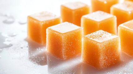 Mango cubes glistening in sunlight-like detail, isolated on clean white, tropical fruit perfection, dessert theme