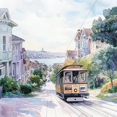 Obraz premium Vintage Cable Car Journey Through Scenic City Streets at Sunset