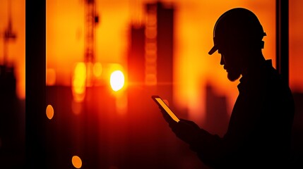 Silhouette of engineer using tablet at sunset, city construction background.