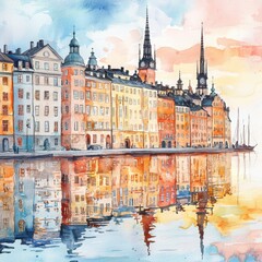 Fototapeta premium Colorful Waterfront Buildings Reflected on Calm Water in Cityscape