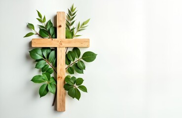 Simple wooden cross decorated with fresh green leaves. Springtime religious symbol. Ideal for church holiday backgrounds Easter projects. Image evokes peaceful Christian spirituality, serenity.