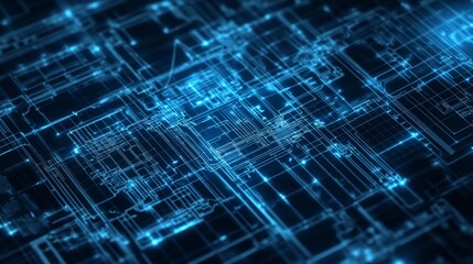 Obraz premium Abstract Blue Technology Background with Glowing Lines and Digital Grid Patterns, Perfect for Illustrating Innovations in Science and Engineering Concepts