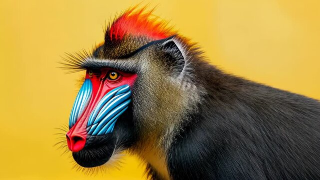 A vibrant web banner featuring a mandrill set against a bright yellow backdrop, offering ample copy space for your message.