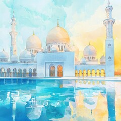 Fototapeta premium Majestic Mosque Silhouette at Sunset with Reflections in Water