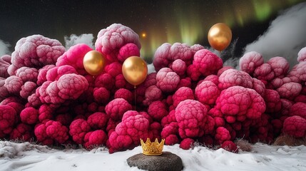 Surreal Pink Cloudscape with Golden Orbs and Vibrant Aurora Lights on Snowy Mountain: Dreamlike Fantasy Art with Majestic Golden Crown Illuminated by Aurora