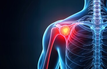 Man suffering shoulder joint pain. Medical illustration shows anatomy of shoulder with highlighted painful area. Health care concept. Side view of adult male standing. Painful shoulder injury.