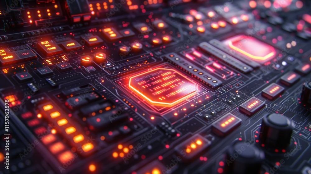 Poster develop a collection of neon coding symbols, featuring illuminated code