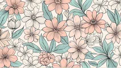 Elegant floral pattern with delicate pastel flowers and leaves
